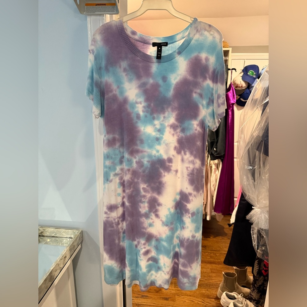 Aqua Brand Tie-Dye T-Shirt Dress in Blue and Purple